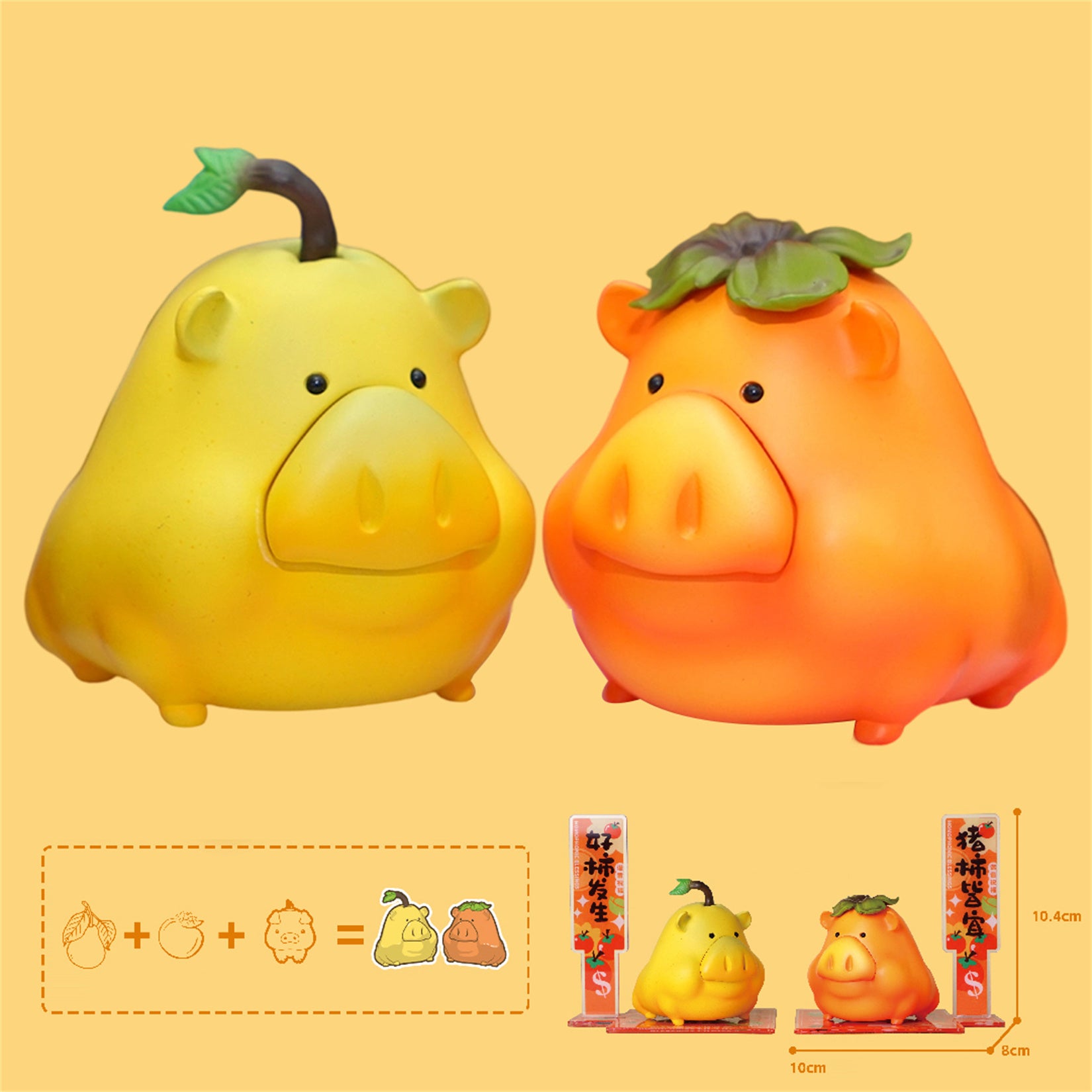 Sculpture en résine représentant un cochon porte-bonheur et des fruits