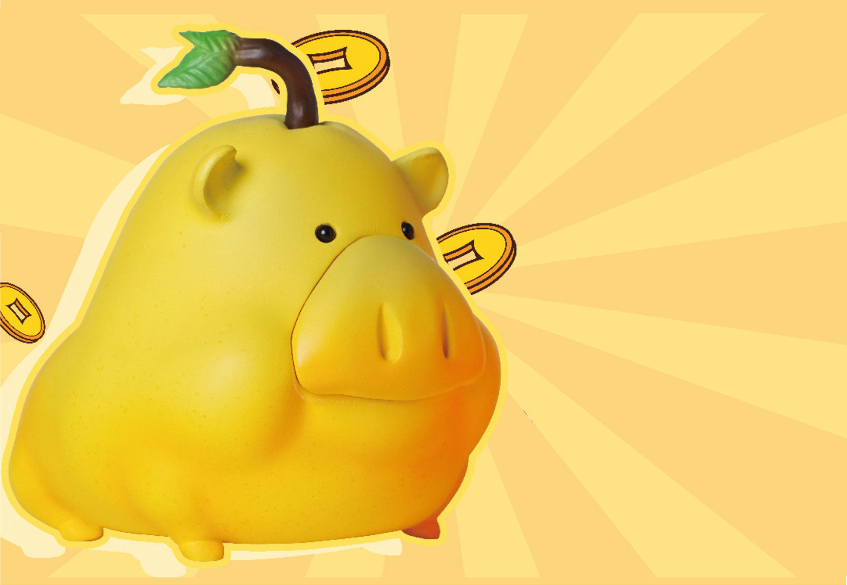 Sculpture en résine représentant un cochon porte-bonheur et des fruits