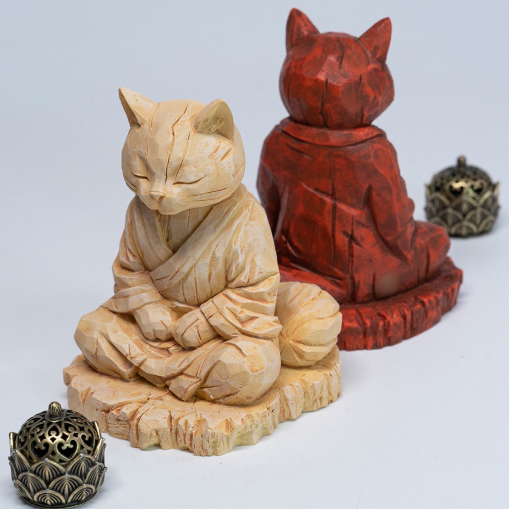 JXK Studio Wood‑Carved Zen Cat Figurine