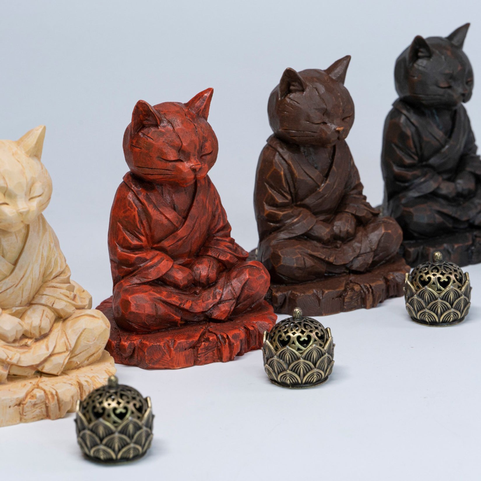 JXK Studio Wood‑Carved Zen Cat Figurine