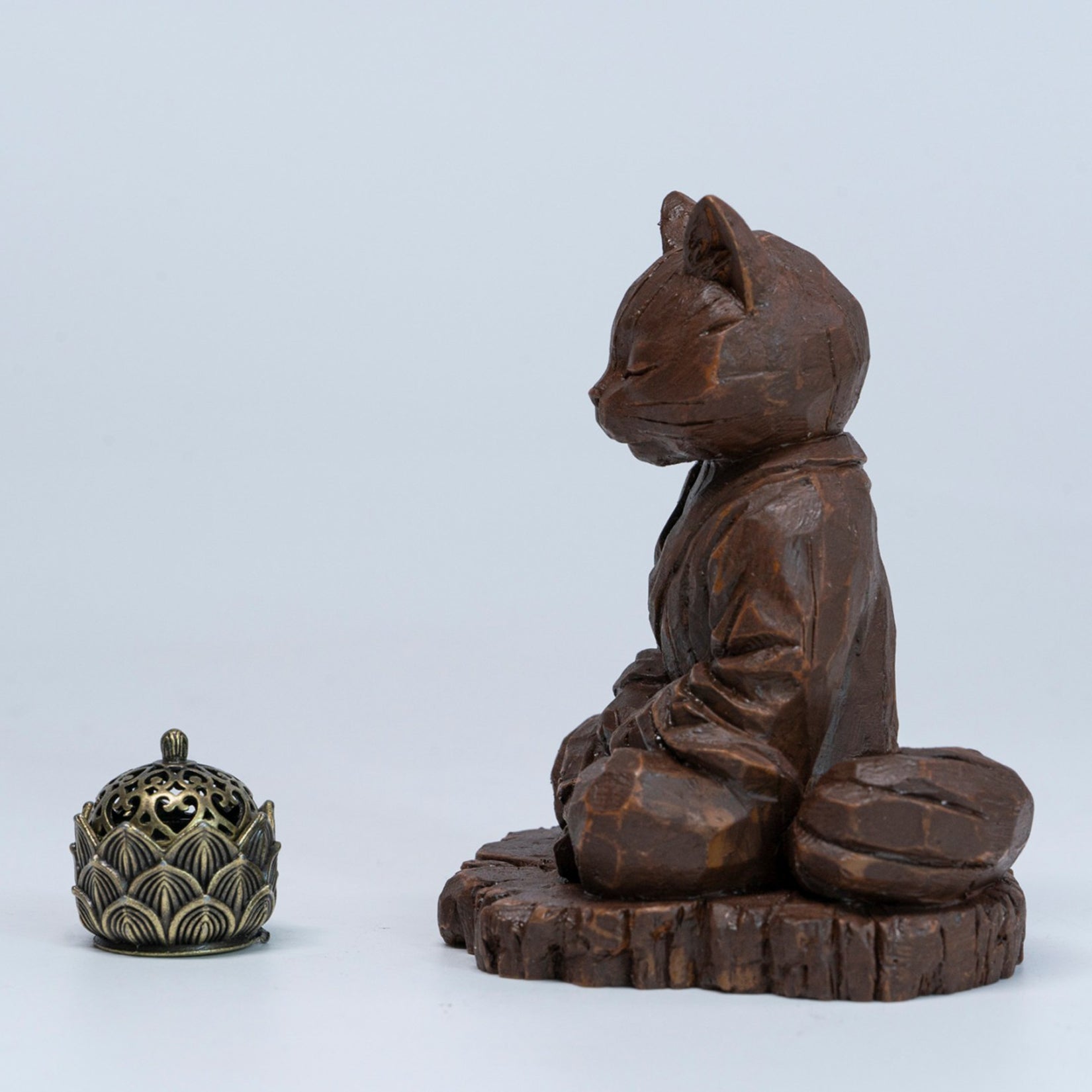 JXK Studio Wood‑Carved Zen Cat Figurine
