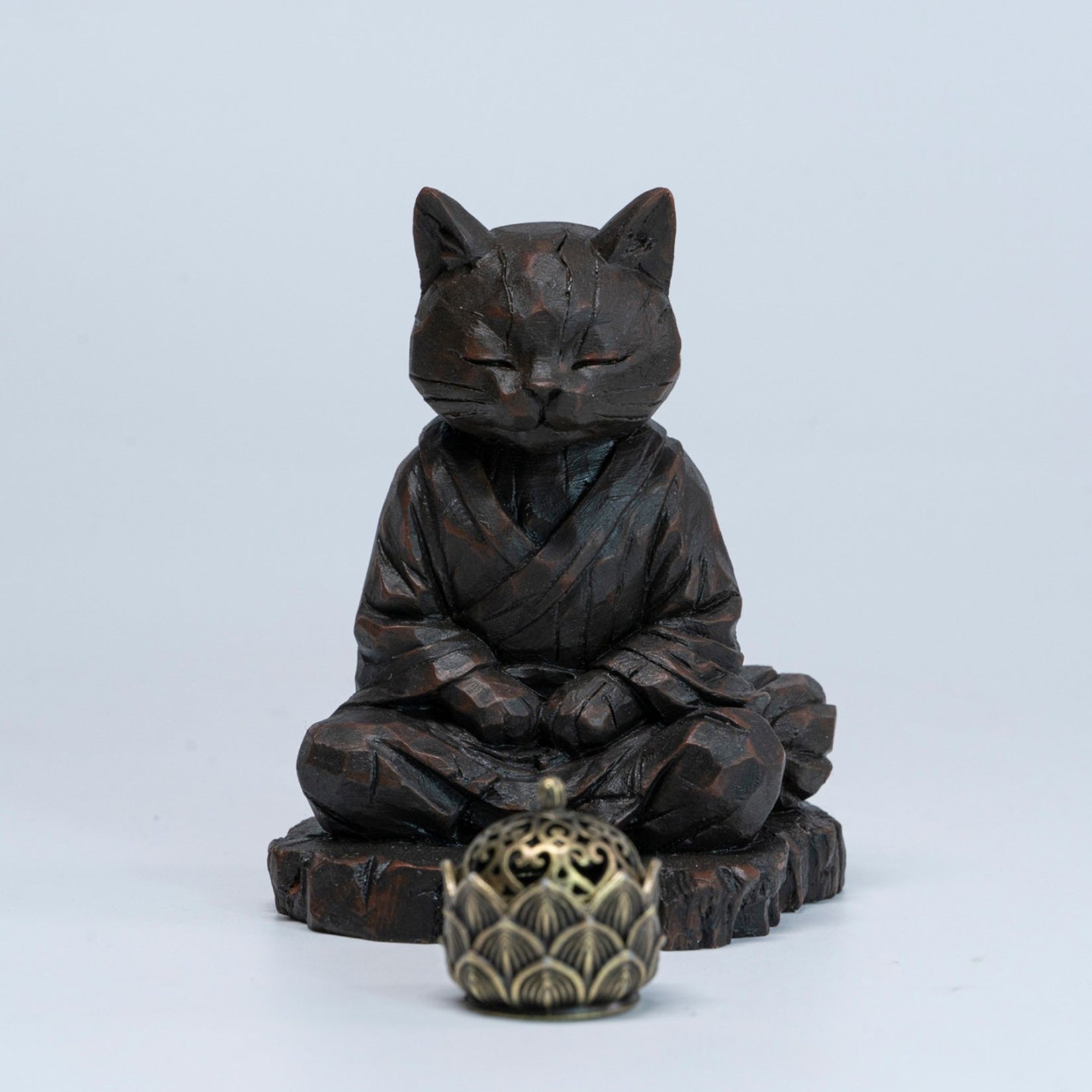JXK Studio Wood‑Carved Zen Cat Figurine