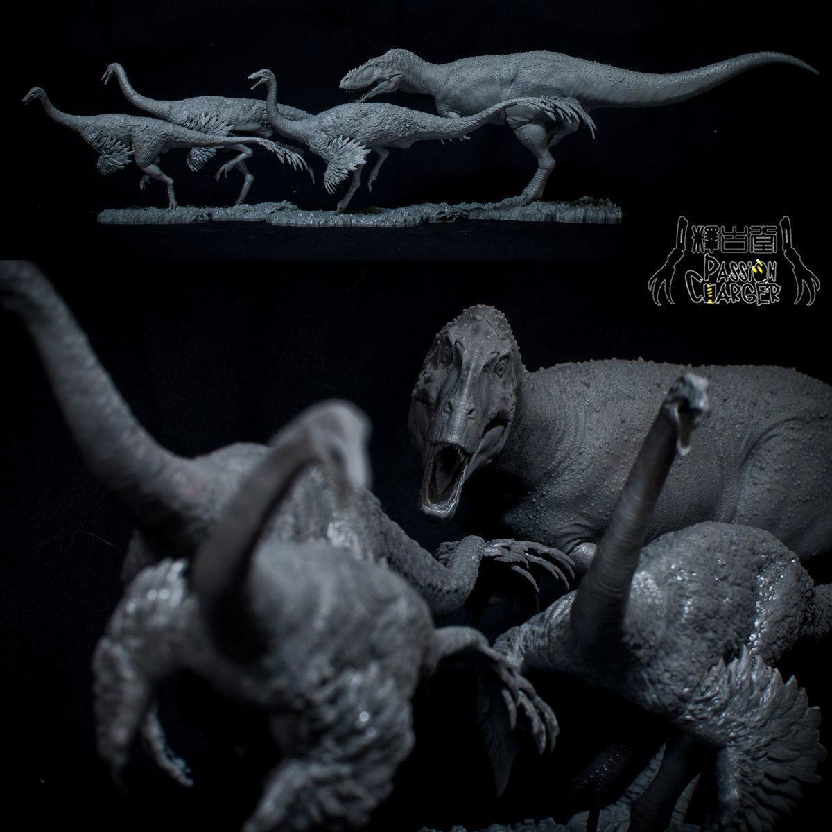 PASSION CHARGER Alioramus Hunt 3Pcs Gallimimus Scene Dinosaur GK Statue