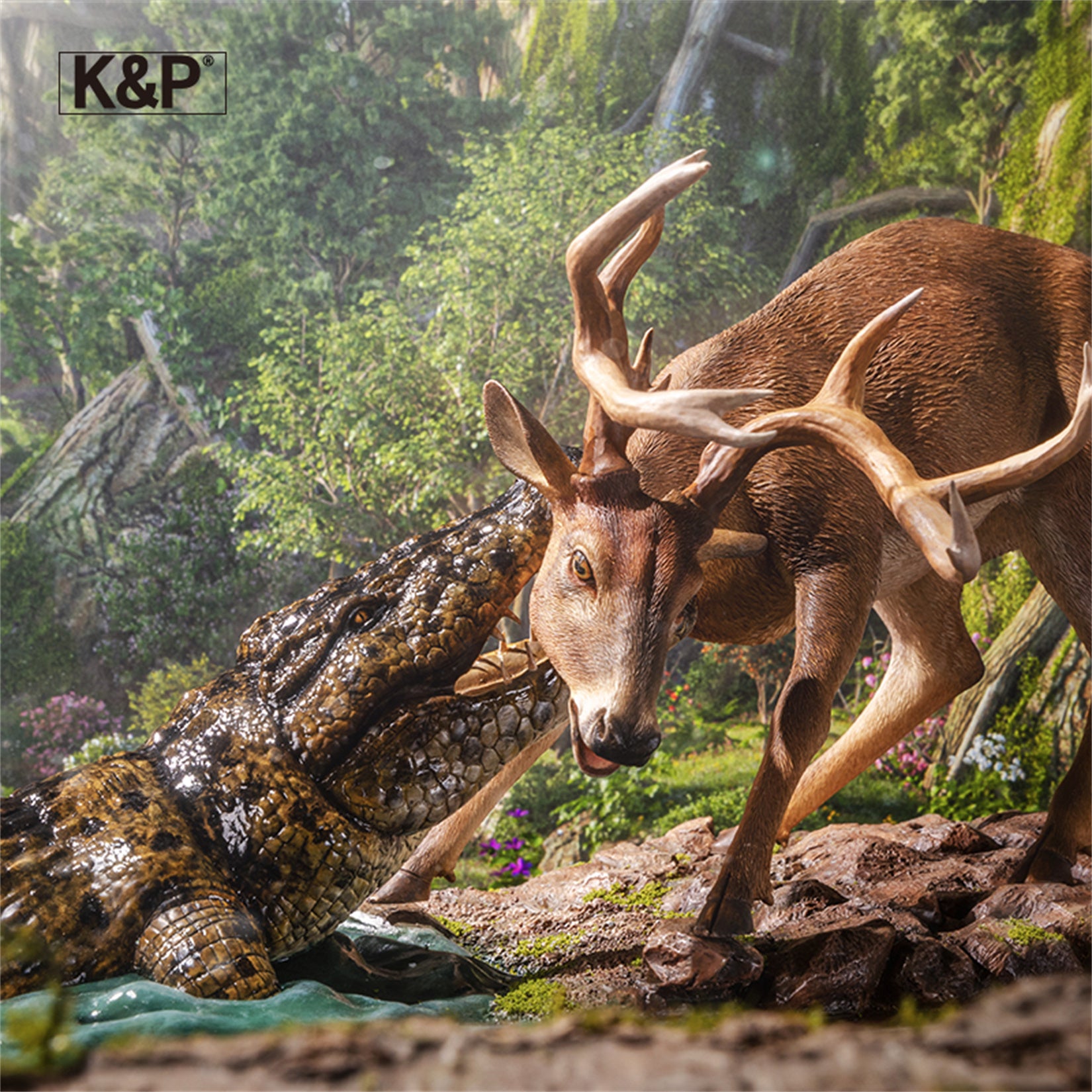 K&P Realistic Wildlife Hunting Scene Statue - Deer vs Crocodile