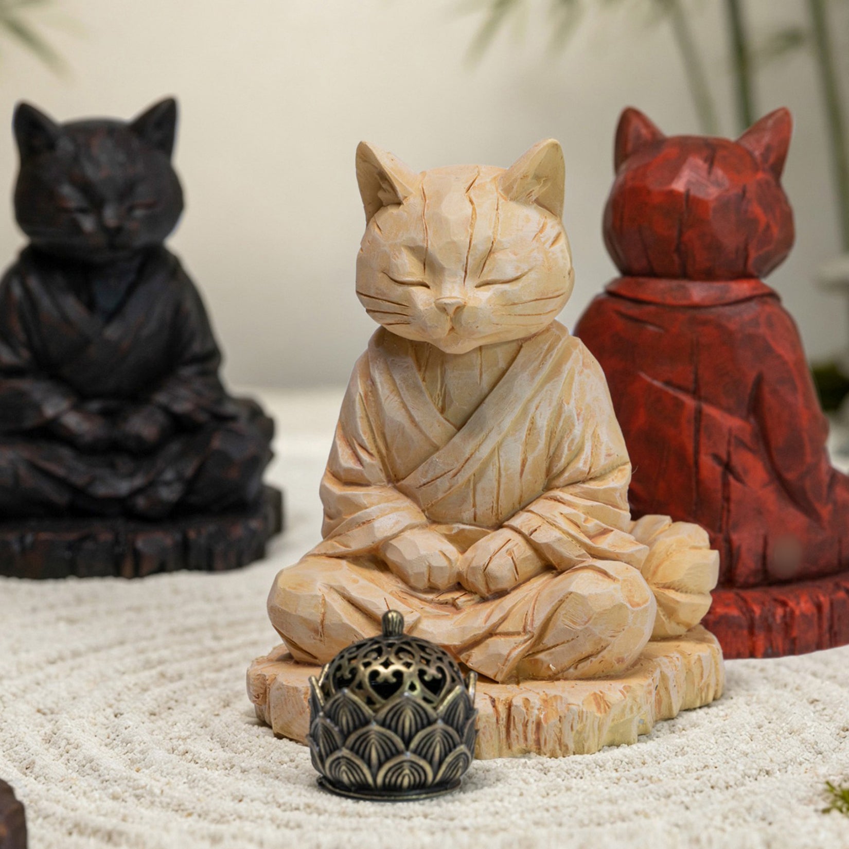 JXK Studio Wood‑Carved Zen Cat Figurine