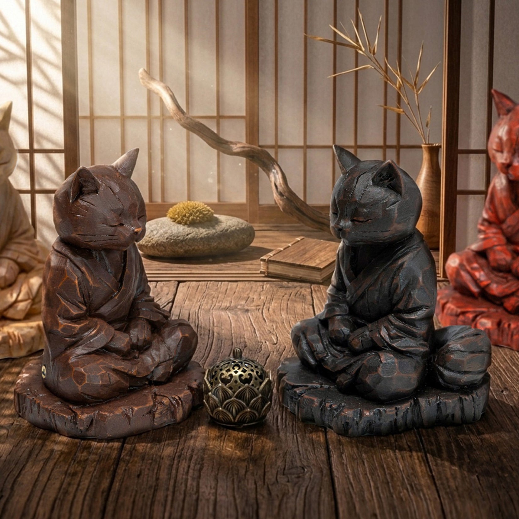 JXK Studio Wood‑Carved Zen Cat Figurine