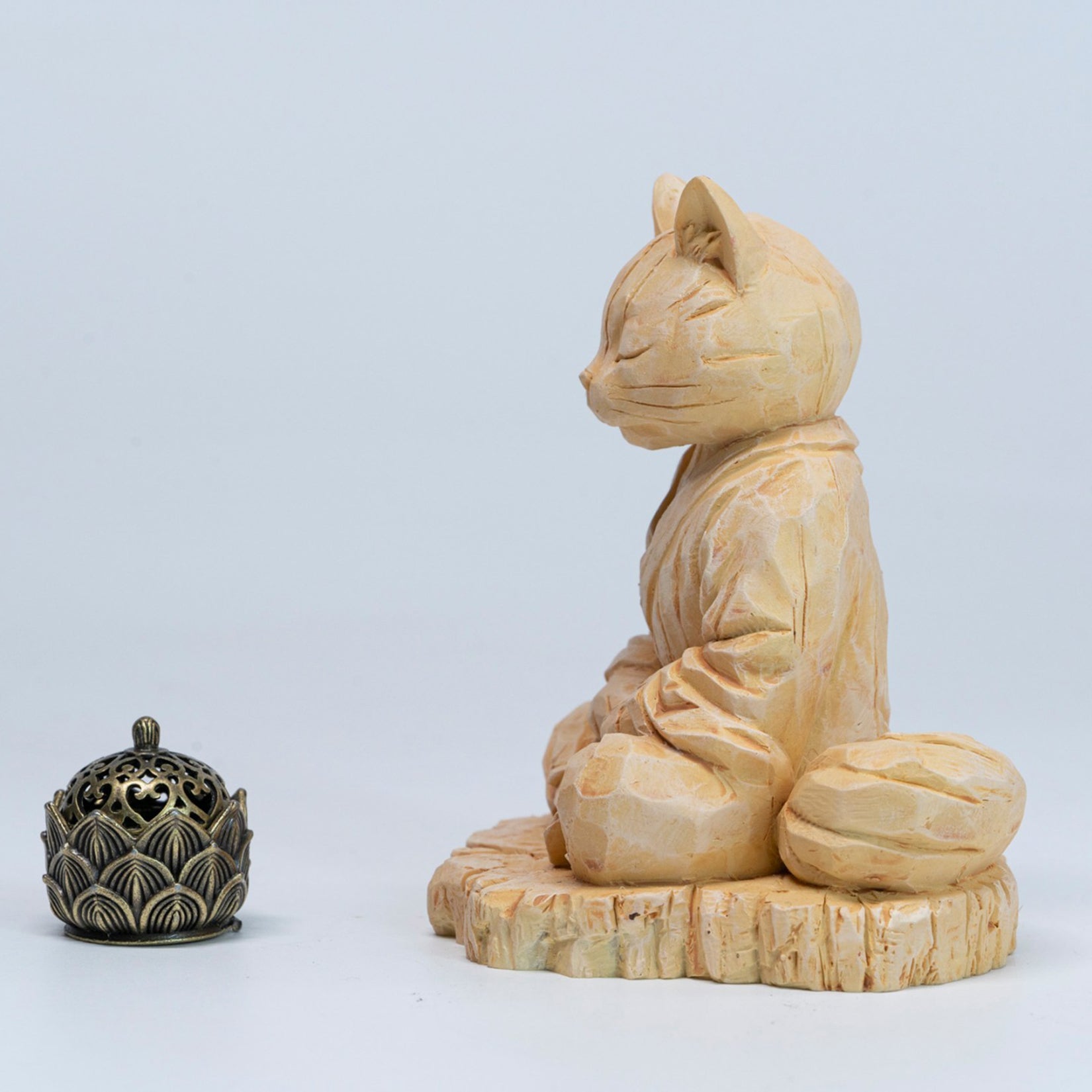 JXK Studio Wood‑Carved Zen Cat Figurine