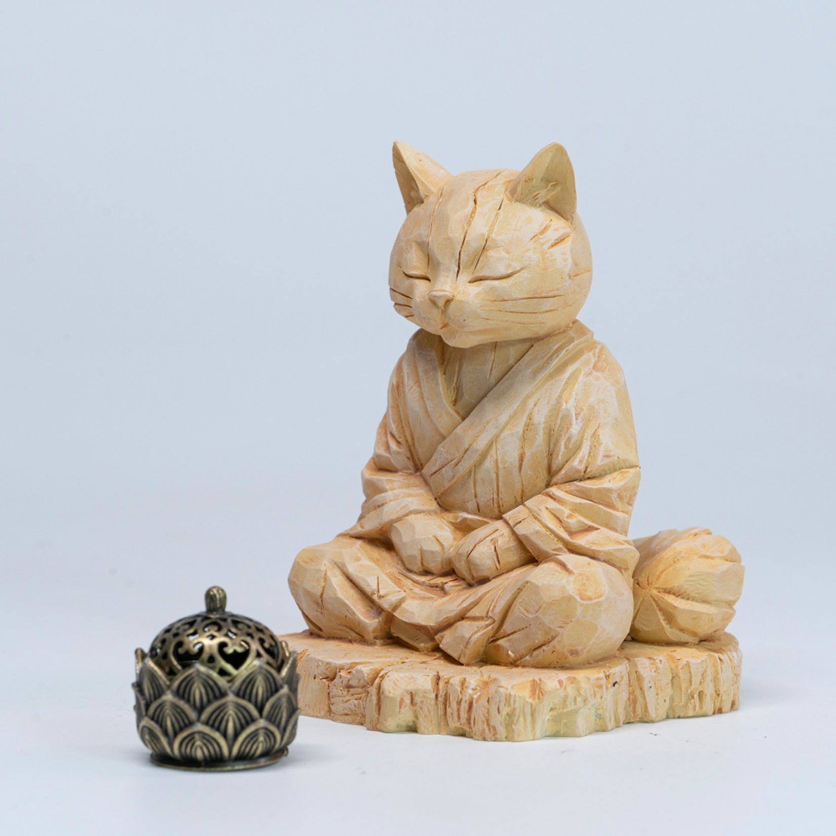 JXK Studio Wood‑Carved Zen Cat Figurine