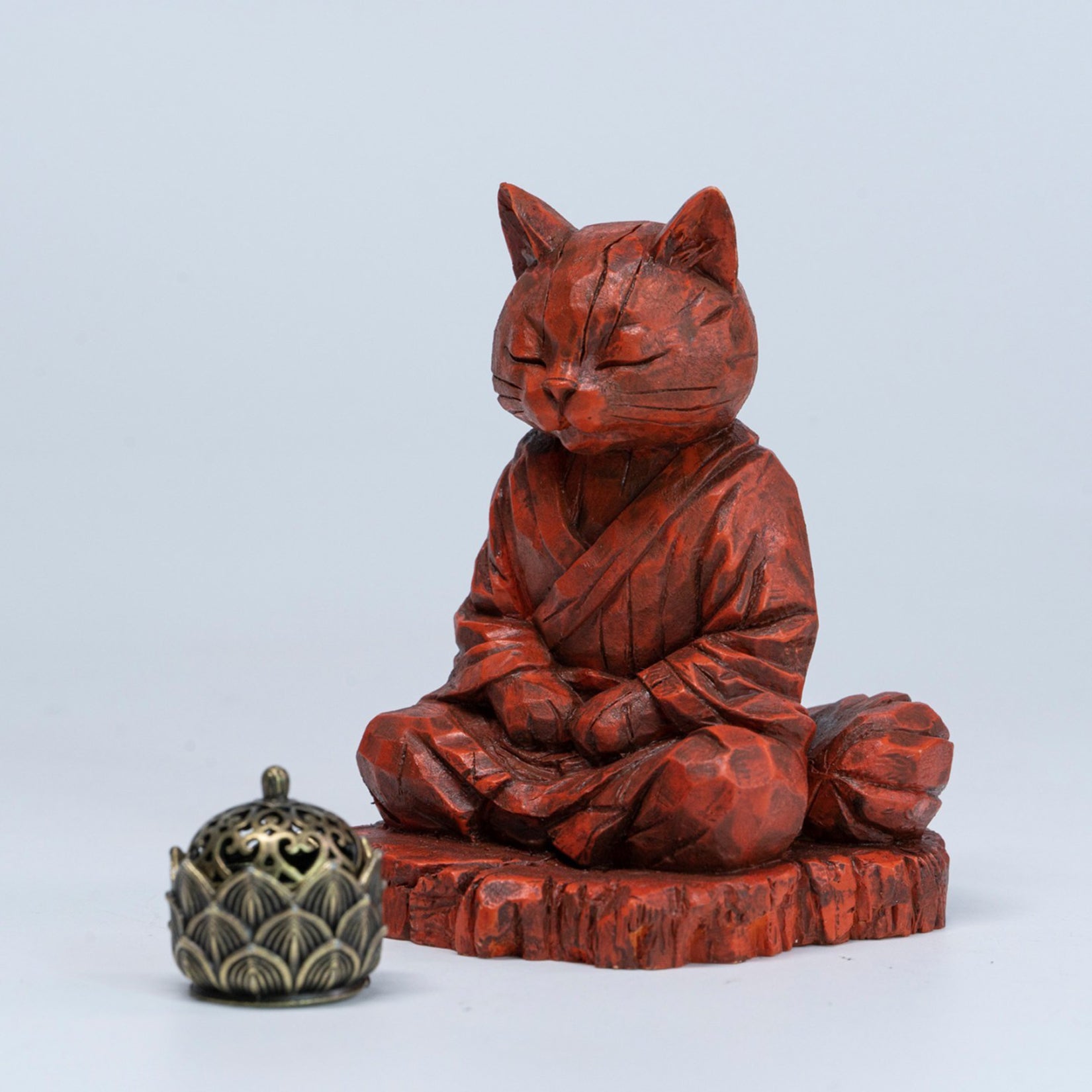 JXK Studio Wood‑Carved Zen Cat Figurine