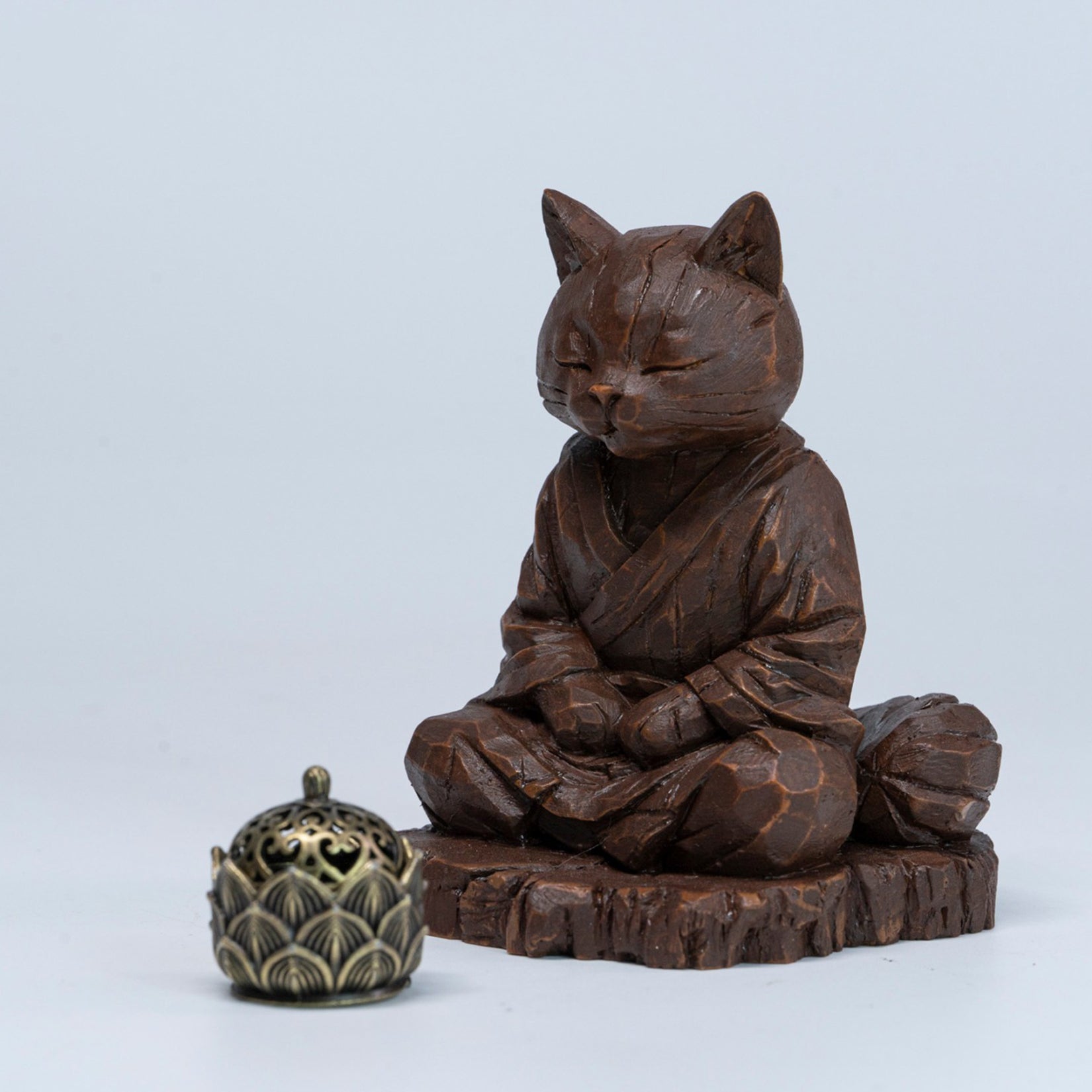 JXK Studio Wood‑Carved Zen Cat Figurine