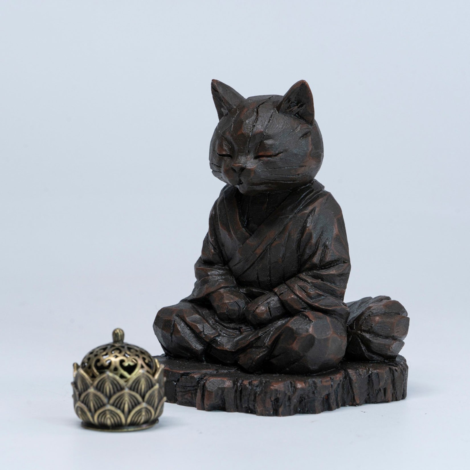 JXK Studio Wood‑Carved Zen Cat Figurine