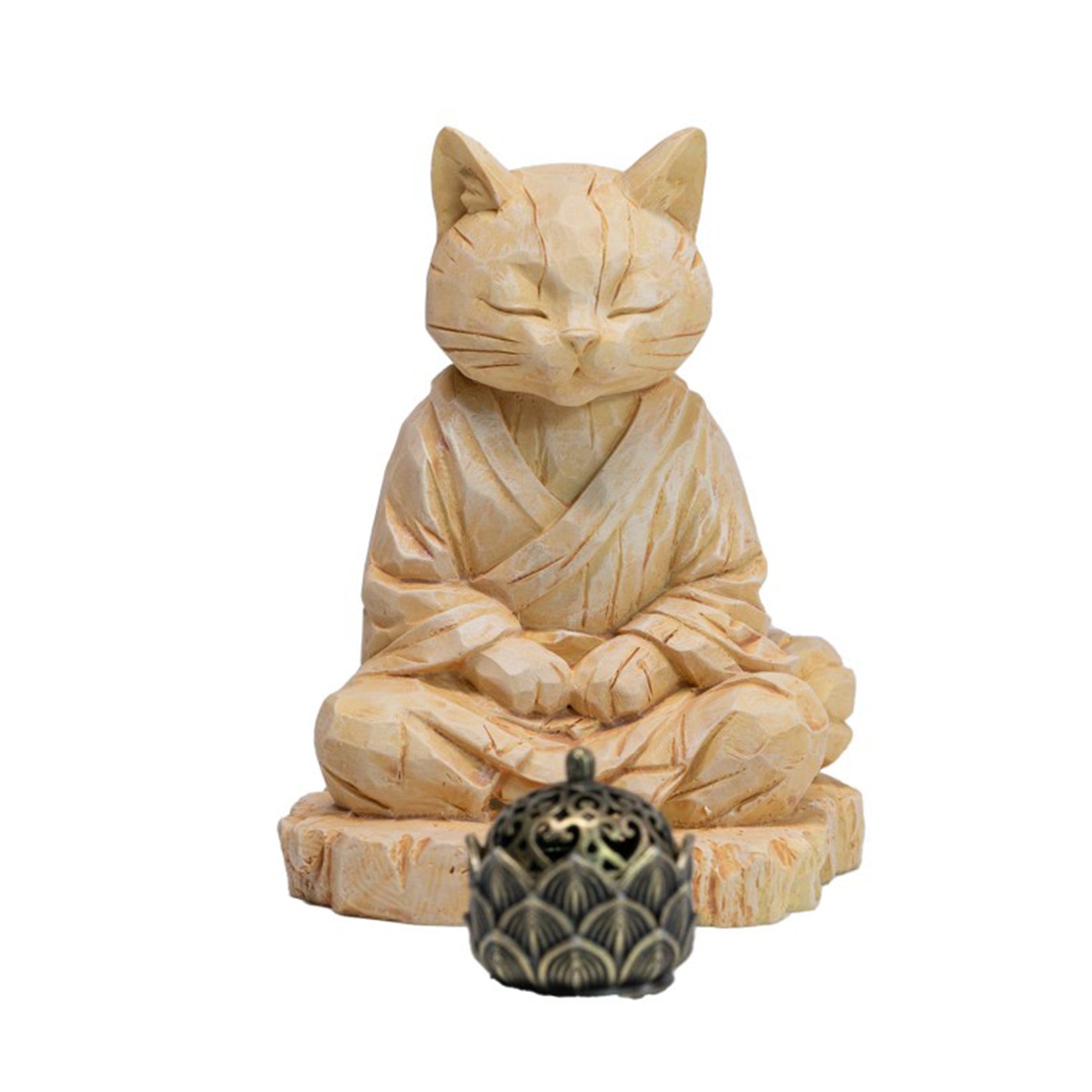 JXK Studio Wood‑Carved Zen Cat Figurine