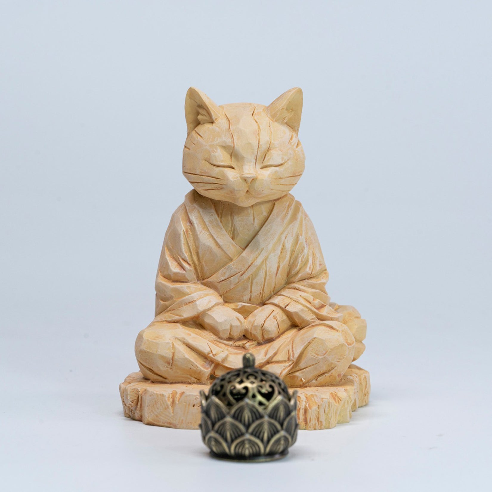 JXK Studio Wood‑Carved Zen Cat Figurine